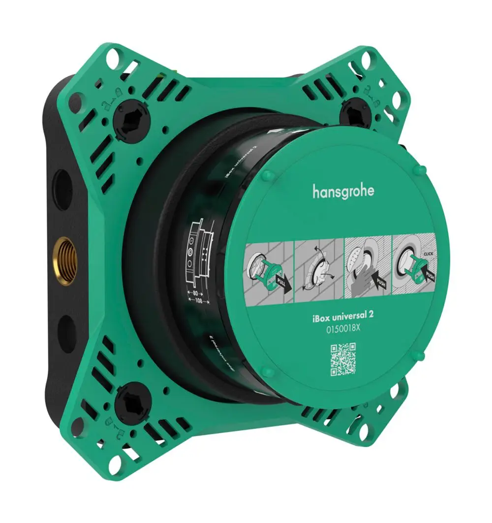 Hansgrohe iBox mit grünem Gehäuse, ideal für die Installation von Duschsystemen. Das Produkt zeigt Montageanleitungen auf der Vorderseite.
